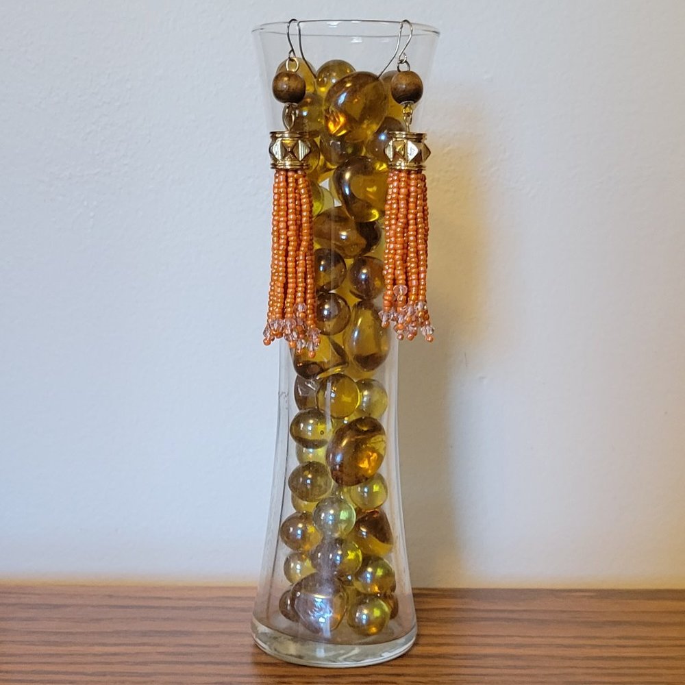 Silverworks orange beaded rustic vtg long  tassel fringe earrings - - Picture 3 of 3